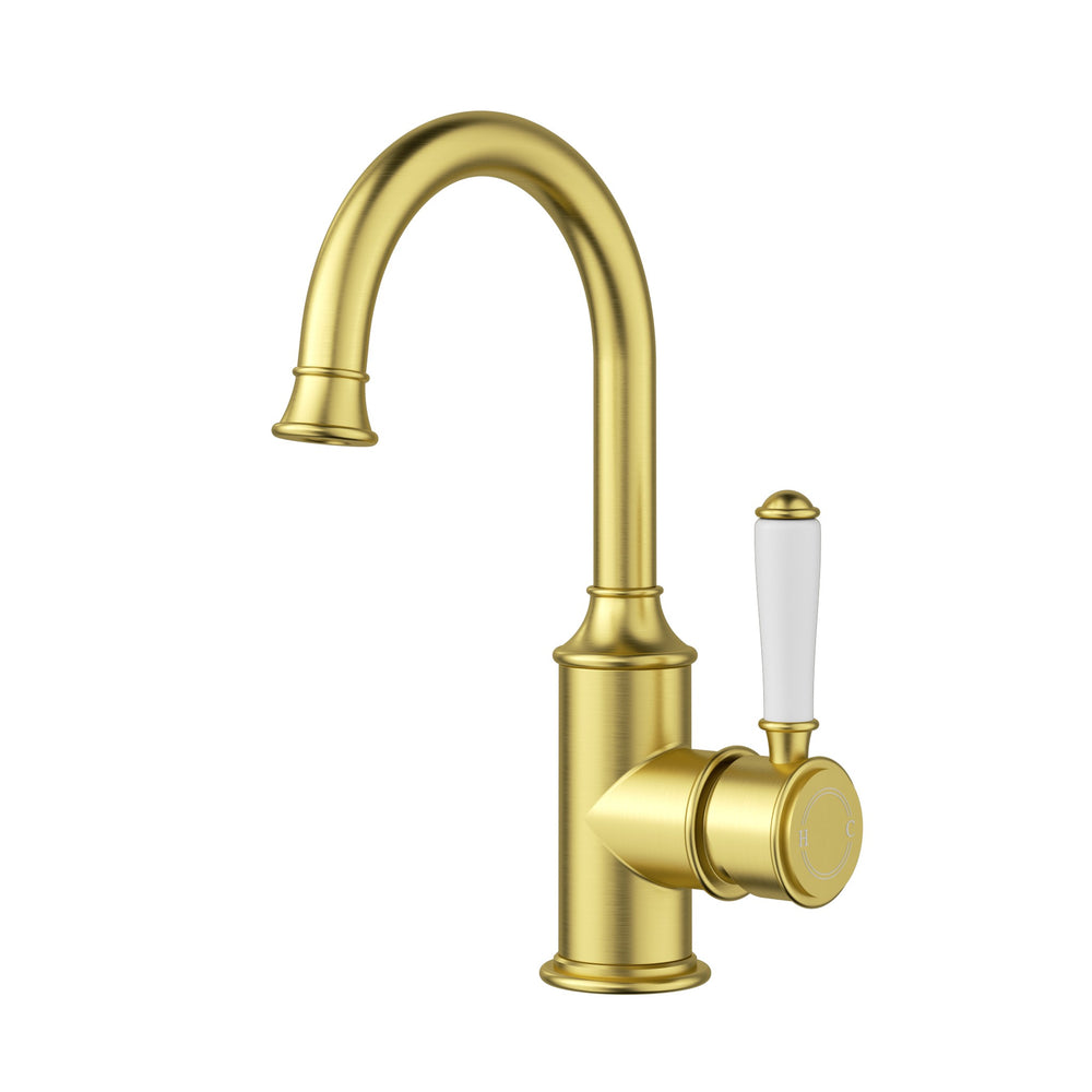 IKON CLASICO LEAD FREE GOOSENECK BASIN MIXER 271MM BRUSHED GOLD (CERAMIC HANDLE)