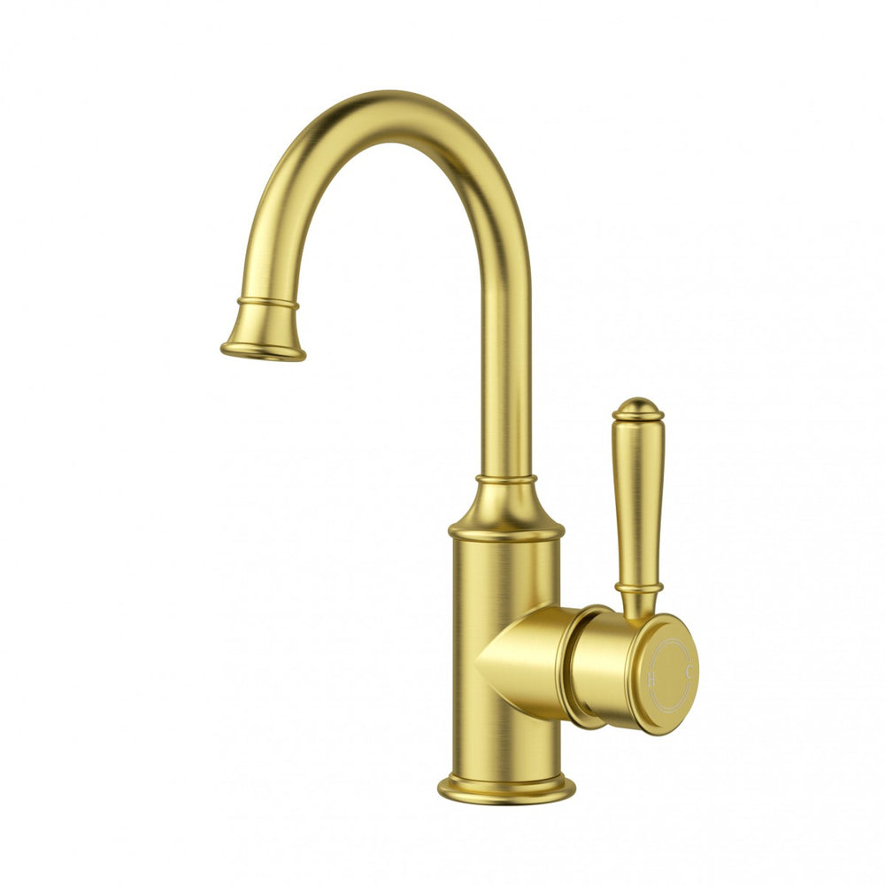 IKON CLASICO LEAD FREE GOOSENECK BASIN MIXER 271MM BRUSHED GOLD (BRASS HANDLE)