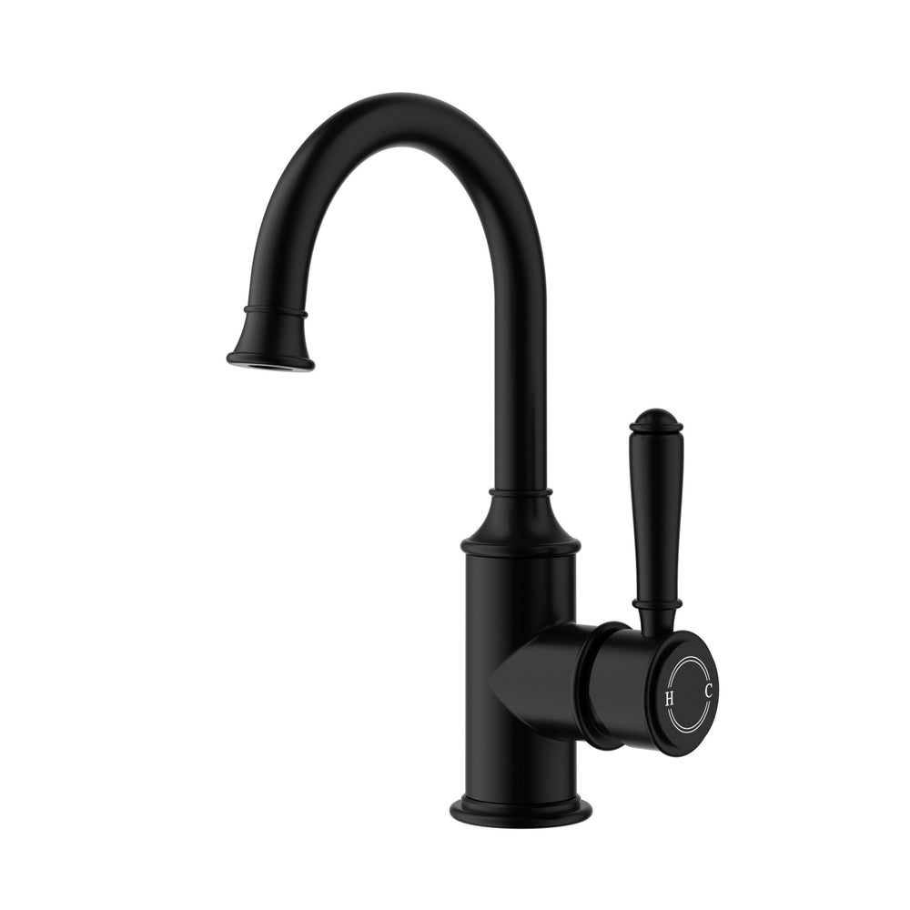 IKON CLASICO LEAD FREE GOOSENECK BASIN MIXER 271MM MATTE BLACK (BRASS HANDLE)