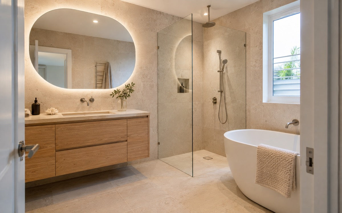 Illustrative bathroom concept with a timber vanity and warm stone finishes